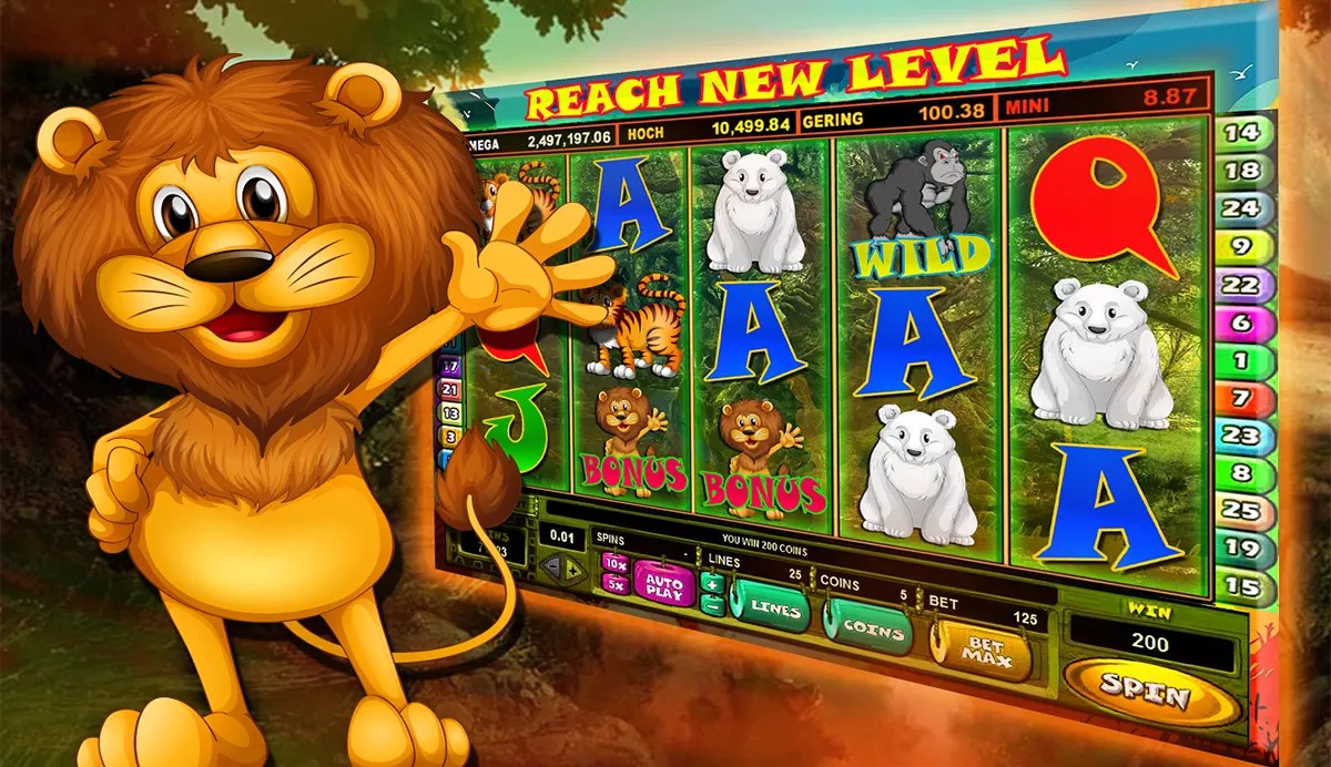 Cartoon-style slot game promo showing a smiling lion mascot waving beside a jungle-themed slot screen with animal symbols, “BONUS” and “WILD” icons, and a “REACH NEW LEVEL” banner across the top.