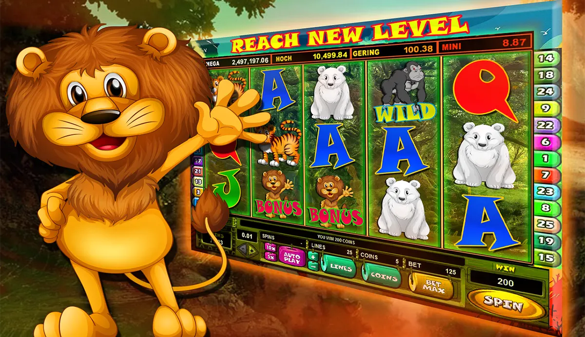 Cartoon-style slot game promo showing a smiling lion mascot waving beside a jungle-themed slot screen with animal symbols, “BONUS” and “WILD” icons, and a “REACH NEW LEVEL” banner across the top.