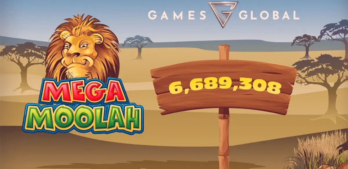 Mega Moolah safari-themed graphic showing the Mega Moolah logo with a lion illustration on the left, a savannah landscape in the background, and a wooden sign displaying a large number, with the Games Global branding at the top.
