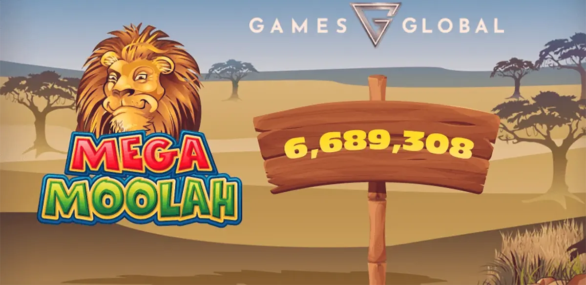 Mega Moolah safari-themed graphic showing the Mega Moolah logo with a lion illustration on the left, a savannah landscape in the background, and a wooden sign displaying a large number, with the Games Global branding at the top.